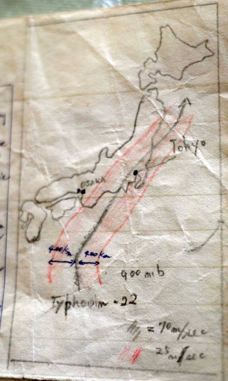 A typhoon hitting Japan…drawn by Kenichiro, 1958…(click to enlarge)