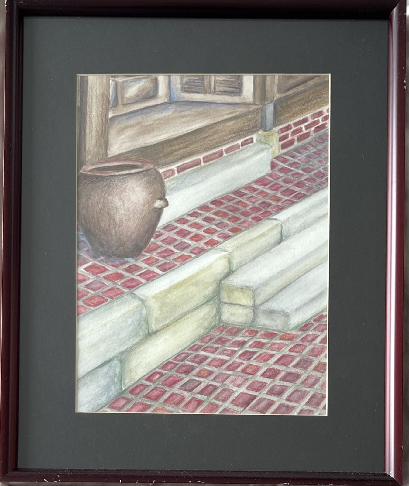 Colored-pencil drawing of the porch of the house we lived in, an earthenware pot resting on brick-and-stone steps.