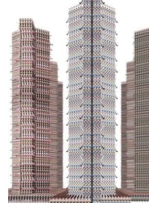 Three towers built entirely of stacked human figures, from the DENCITY project by Motoelastico.