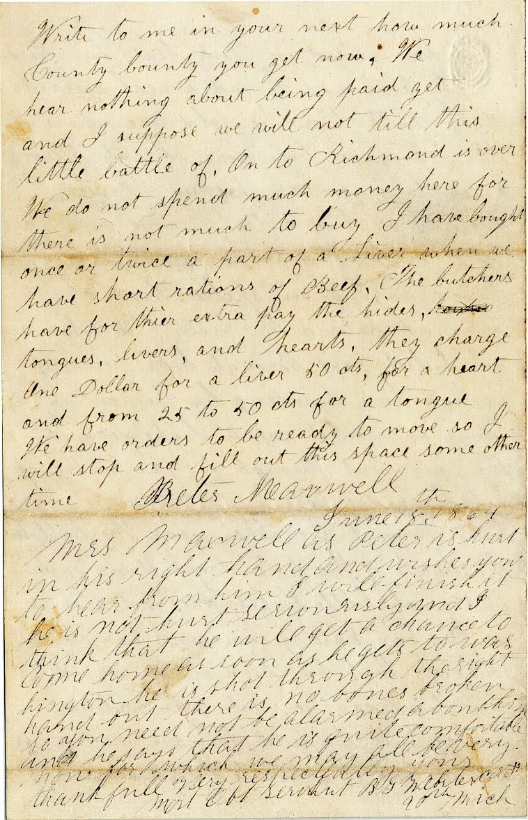 Civil War Letter No. 17, page 2. Handwritten note by B. G. Webster stating Peter was shot in his right hand.