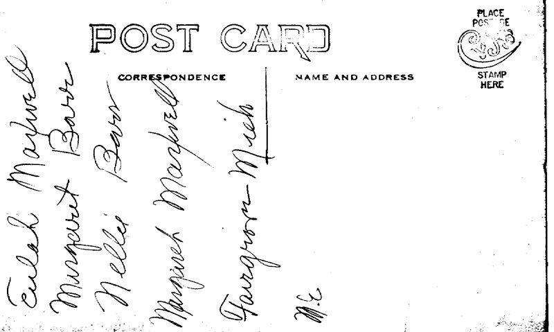 Postcard back side showing signatures and location.
