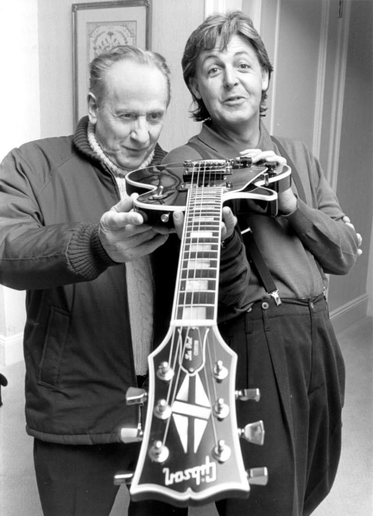 Les Paul and Sir Paul admiring the Gibson Les Paul Guitar…Gibson Guitars started crafting guitars in Kalamazoo back in the late 1800’s.