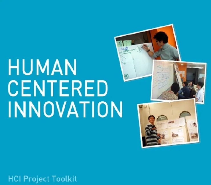 Cover of the Human Centered Innovation Project Toolkit, showing workshop participants and the title 'Human Centered Innovation / HCI Project Toolkit'.