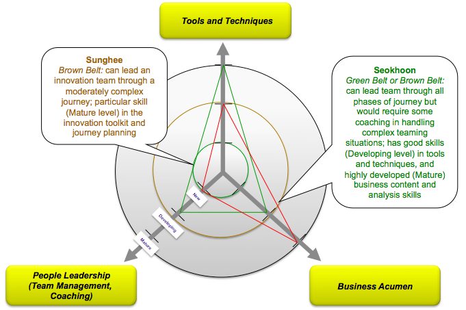 Innovator skill-assessment spider diagram rating two participants (Sunghee and Seokhoon) across Tools and Techniques, Business Acumen, and People Leadership.
